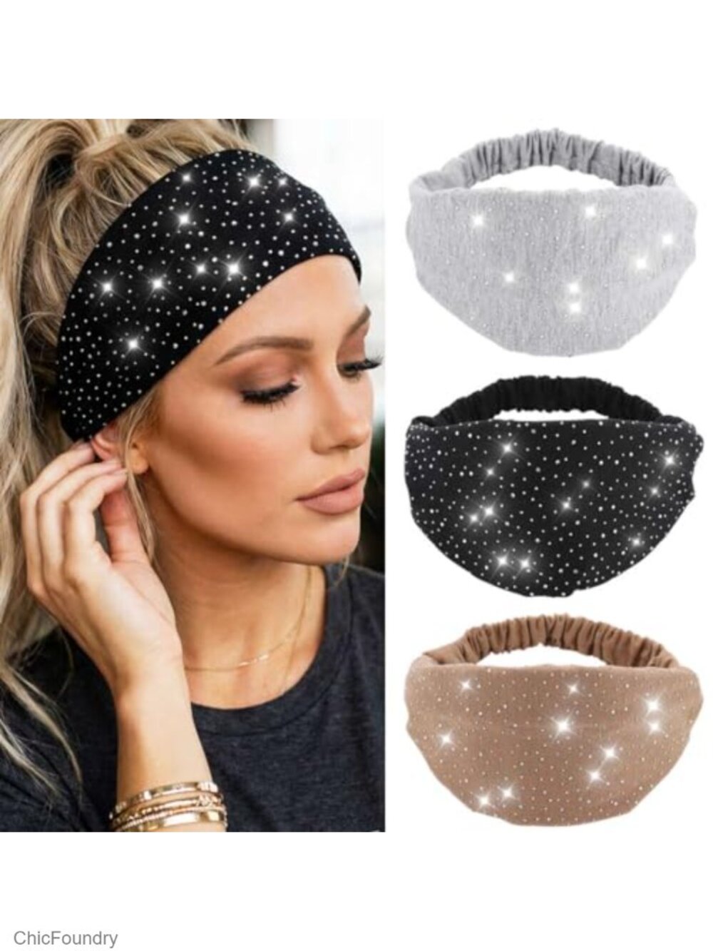 Sparkly Crystal Rhinestone Headbands Wide Stretch Hair Wraps for Women